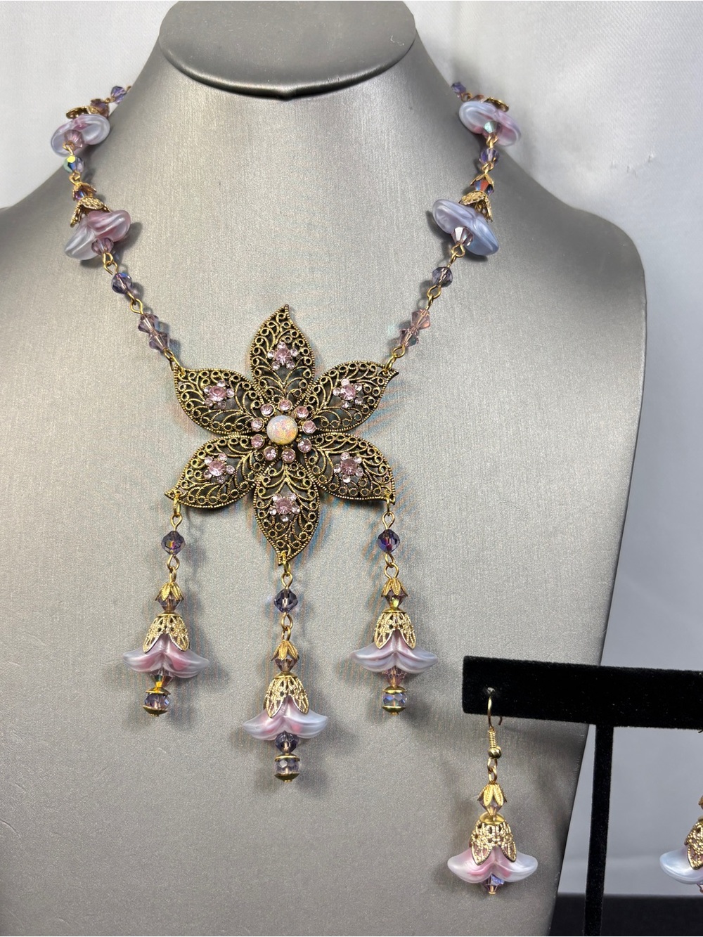 Flower Floral Pink Purple Necklace Earrings Filigree Goldtone Upcycle Handmade